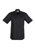 A black short sleeve men's work shirt featuring two chest pockets and a logo. Perfect for workwear.