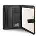 A black portfolio with a zip pocket, card slots, and a notepad, featuring a logo on the inside. A black portfolio with a zip pocket, card slots, and a notepad, featuring a logo on the inside.