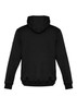 A black unisex hoodie featuring a hood and multi-pocket design, with a branding logo on one sleeve.