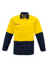 A high-visibility work shirt featuring a bright yellow top and navy blue sleeves, with a logo on the chest. A high-visibility work shirt featuring a bright yellow top and navy blue sleeves, with a logo on the chest.