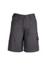 A pair of women's plain utility shorts in dark grey, featuring pockets and a branded label. A pair of women's plain utility shorts in dark grey, featuring pockets and a branded label.
