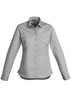 A women's lightweight long sleeve work shirt in light grey, featuring a collar and front pockets, with branding.