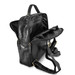 A black leather backpack with adjustable straps and multiple interior compartments. It features a logo. A black leather backpack with adjustable straps and multiple interior compartments. It features a logo.
