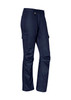 Navy women's rugged cargo pants featuring multiple pockets and a button closure. They have a logo on the fabric. Navy women's rugged cargo pants featuring multiple pockets and a button closure. They have a logo on the fabric.