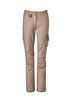 A pair of women's cargo pants in a khaki colour, featuring pockets and a fitted design. A pair of women's cargo pants in a khaki colour, featuring pockets and a fitted design.