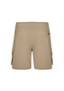 Men's beige board shorts with an elastic waistband and rear pockets, featuring a branding logo. Men's beige board shorts with an elastic waistband and rear pockets, featuring a branding logo.