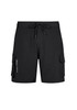 Black men's board shorts featuring cargo pockets and an adjustable drawstring waist, with a logo prominently displayed. Black men's board shorts featuring cargo pockets and an adjustable drawstring waist, with a logo prominently displayed.