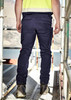 Men's curved cargo pants in navy blue, featuring multiple pockets and a fitted design, set against a construction backdrop. Men's curved cargo pants in navy blue, featuring multiple pockets and a fitted design, set against a construction backdrop.
