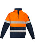 A unisex hi vis 1/4 zip pullover in orange and navy, featuring reflective hoop taping and a logo. A unisex hi vis 1/4 zip pullover in orange and navy, featuring reflective hoop taping and a logo.