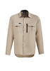 A beige long sleeve button-up shirt with two chest pockets and a zippered pocket, featuring a logo.