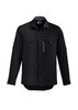 A black long sleeve button-up shirt with two front pockets and a zip pocket, featuring a logo on the upper left. A black long sleeve button-up shirt with two front pockets and a zip pocket, featuring a logo on the upper left.