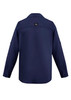 A navy blue long sleeve button-up shirt with a collar and a logo on the back. A navy blue long sleeve button-up shirt with a collar and a logo on the back.