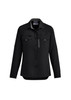 A women's long sleeve button-up shirt in black featuring two chest pockets and a zippered pocket. It has a logo on the front.
