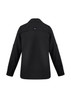 A black long sleeve button-up shirt for women, featuring a collar and a logo on the back.