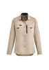 A long-sleeve women's button-up shirt in khaki, featuring two chest pockets and a zip pocket, with branding.
