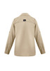 A tan women's outdoor long sleeve button-up shirt with a back yoke and a brand logo.