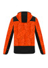 A reinforced knit hoodie in orange and black, featuring a hood and a logo. A reinforced knit hoodie in orange and black, featuring a hood and a logo.