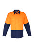 A long sleeve work shirt in orange and navy, featuring two chest pockets and a logo on the label.