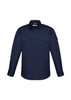 A navy long sleeve button-up shirt featuring two chest pockets and a logo on the upper side.