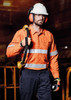 An orange work shirt with reflective tape, worn by a man holding a tool, accompanied by a safety helmet and gloves. An orange work shirt with reflective tape, worn by a man holding a tool, accompanied by a safety helmet and gloves.
