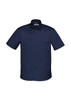 A navy blue short sleeve shirt with a collar, featuring two chest pockets and a logo on the sleeve.