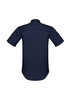 A short sleeve, navy blue men's shirt featuring a classic collar and a back yoke with a logo.