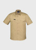 A tan short sleeve shirt featuring two chest pockets and a logo on the upper left side.