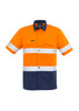 A short sleeve work shirt in orange and navy blue with reflective tape and a logo.