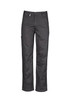 A pair of men's plain black utility pants with multiple pockets and a secure fastening. A pair of men's plain black utility pants with multiple pockets and a secure fastening.