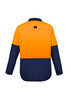 A long sleeve work shirt in orange and navy with a logo, designed for outdoor use.