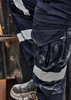 A pair of navy work pants featuring cooling stretch material and striped taping details. They have multiple pockets and a logo. A pair of navy work pants featuring cooling stretch material and striped taping details. They have multiple pockets and a logo.