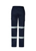 Navy cargo pants featuring reflective stripes and multiple pockets, with a branding logo on the side. Navy cargo pants featuring reflective stripes and multiple pockets, with a branding logo on the side.