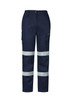 Navy cargo pants featuring reflective stripes and multiple pockets, with a logo on the front. Navy cargo pants featuring reflective stripes and multiple pockets, with a logo on the front.