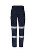 A pair of navy cargo pants featuring reflective strips and multiple pockets. The back view shows a structured design with a waistband. A pair of navy cargo pants featuring reflective strips and multiple pockets. The back view shows a structured design with a waistband.