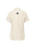 A short sleeve women's outdoor shirt in beige with a logo on the back.