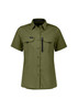A short sleeve women's outdoor shirt in olive green with two front pockets and a logo.