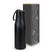 A drink bottle in matte black with a curved design, accompanied by a decorative box featuring a pattern.
