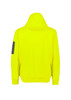 A bright yellow unisex water-resistant hoodie featuring a hood and a black logo on the sleeve.