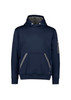 A navy water-resistant hoodie with a front pocket and a logo on the sleeve. Features grey accents.