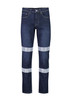 Men's blue stretch jeans featuring reflective strips on the legs, designed for workwear use and equipped with a logo. Men's blue stretch jeans featuring reflective strips on the legs, designed for workwear use and equipped with a logo.
