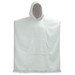 A hooded towel in white, featuring a front pocket and fringe detailing at the bottom, with a logo present.