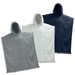 Three hooded towels in grey, white, and navy blue with a front pocket and fringed edges. Each towel features a hood.