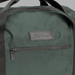 A green duffle bag with a front zip pocket and a branding logo.
