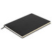 A large black soft cover notebook with a ribbon marker and blank pages, featuring a logo on the cover.