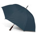 A dark teal umbrella with a wooden handle and a metal frame, featuring a logo on the canopy. A dark teal umbrella with a wooden handle and a metal frame, featuring a logo on the canopy.