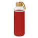 A drink bottle with a red neoprene sleeve, clear glass body, and a bamboo cap featuring a cord. A drink bottle with a red neoprene sleeve, clear glass body, and a bamboo cap featuring a cord.