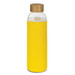A drink bottle with a yellow neoprene sleeve and a bamboo lid, featuring a transparent glass body.