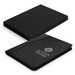 A black leather portfolio with a sleek design, featuring a logo on the front and an accompanying black box.