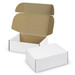 A white die cut box with a locking lid, featuring an open and closed view, made from sturdy material.
