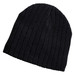 A black cable knit beanie made from textured fabric, featuring a subtle logo.